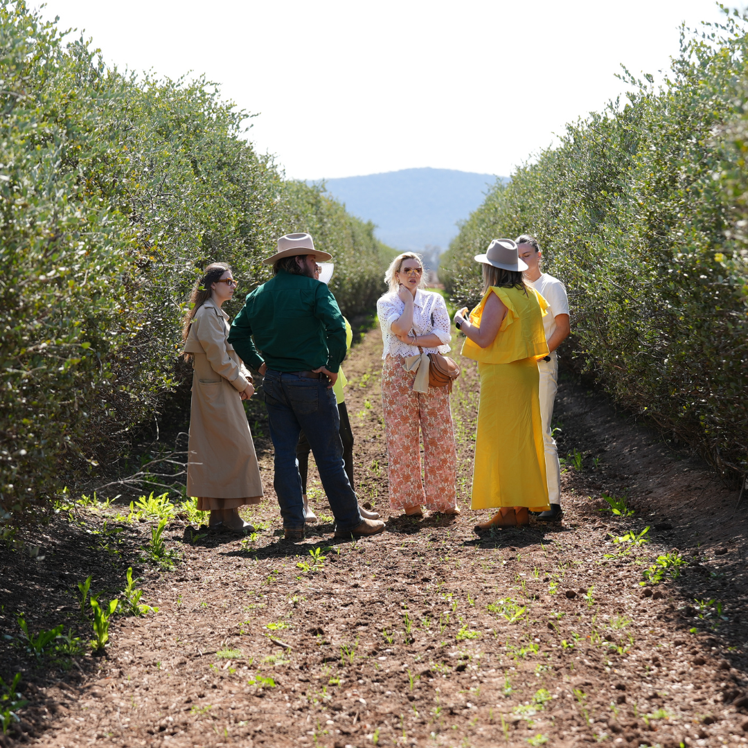 Group of people standing in a farm field, some wearing hats, with greenery around.