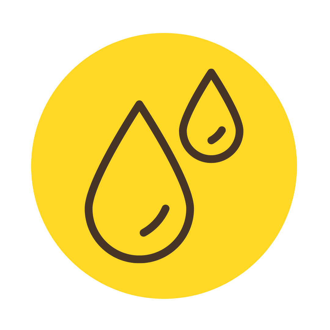 Icon of two yellow water droplets on a black background within a yellow circle.