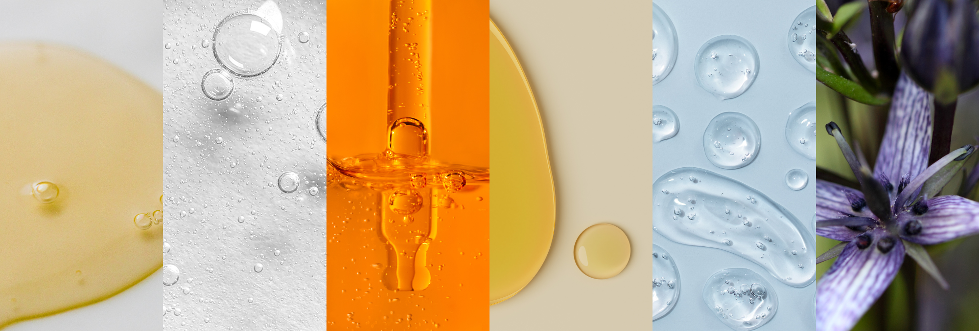 A collage of five images showing different liquids and a flower, each with a distinct color background.