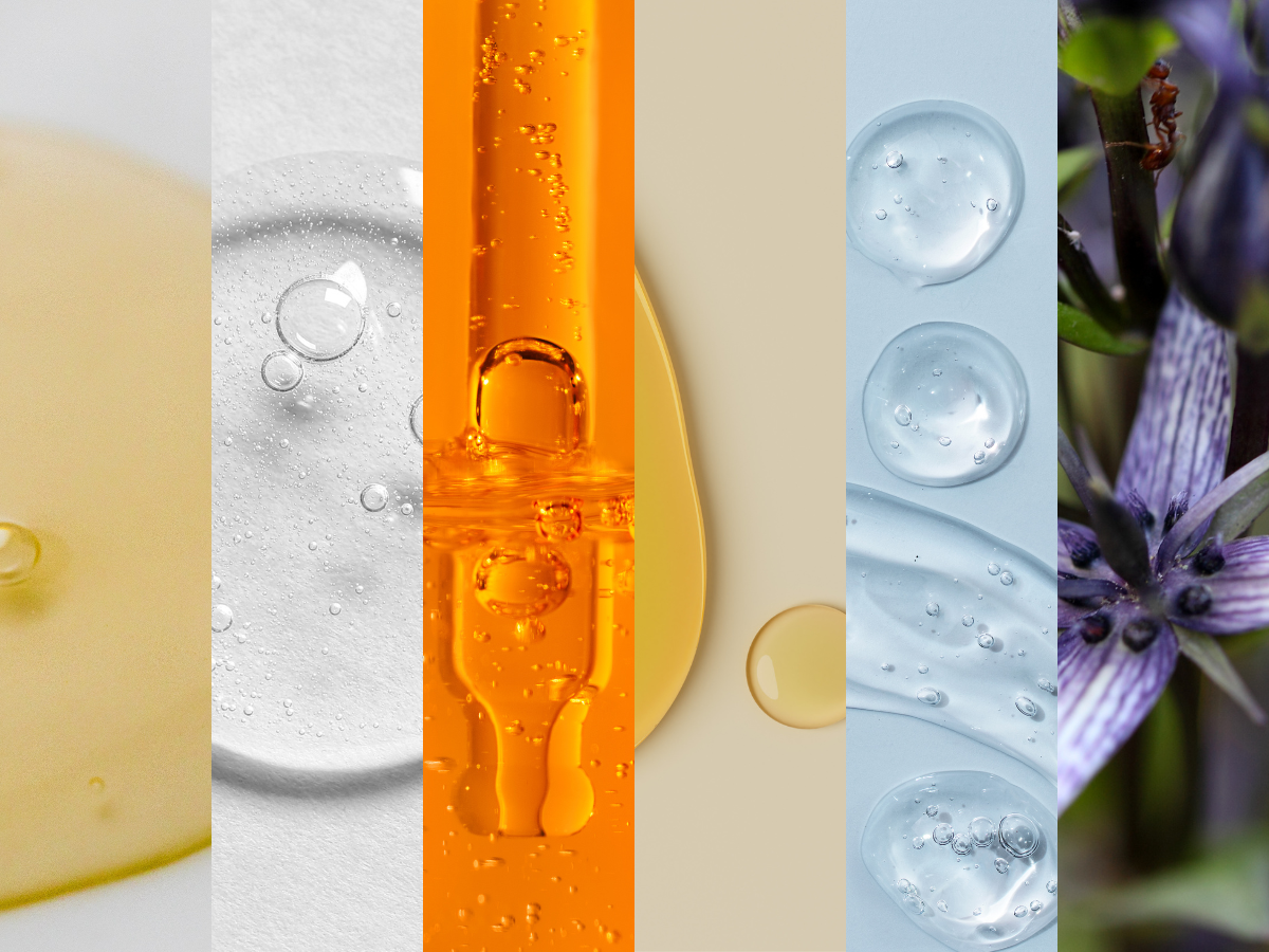 Five-panel collage displaying various liquids and water droplets on different surfaces.